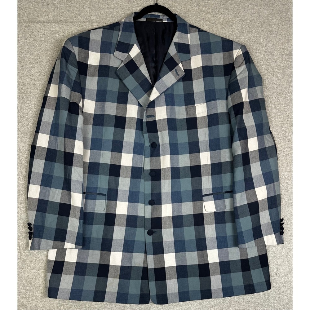 Falcone Blazer 52R Blue Navy White Buffalo Plaid Jacket‎ 4 Button Lined